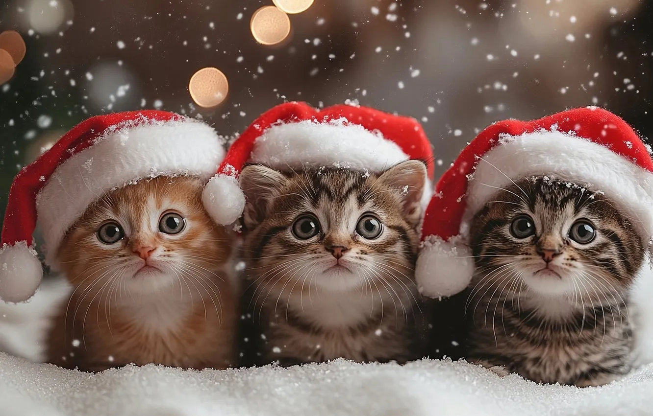 Photo wallpaper snow, glare, hat, kitty