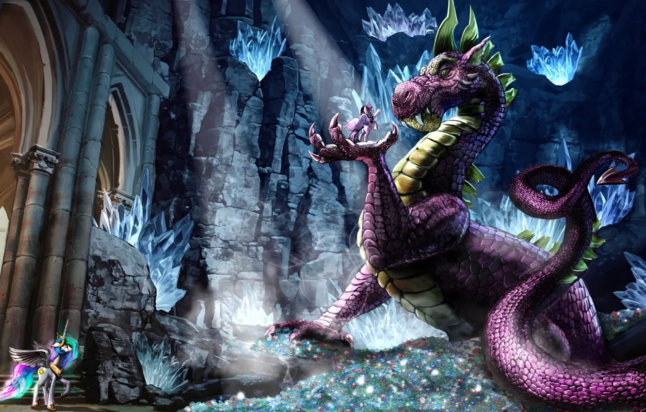 Photo wallpaper dragon, figure, fantasy, art, cave, fantasy, crystals, SPIKE