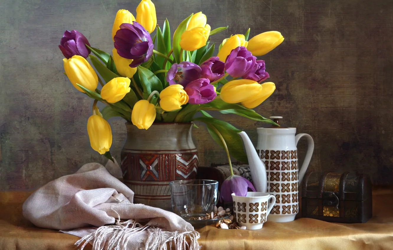 Photo wallpaper bouquet, tulips, dishes, still life, shawl