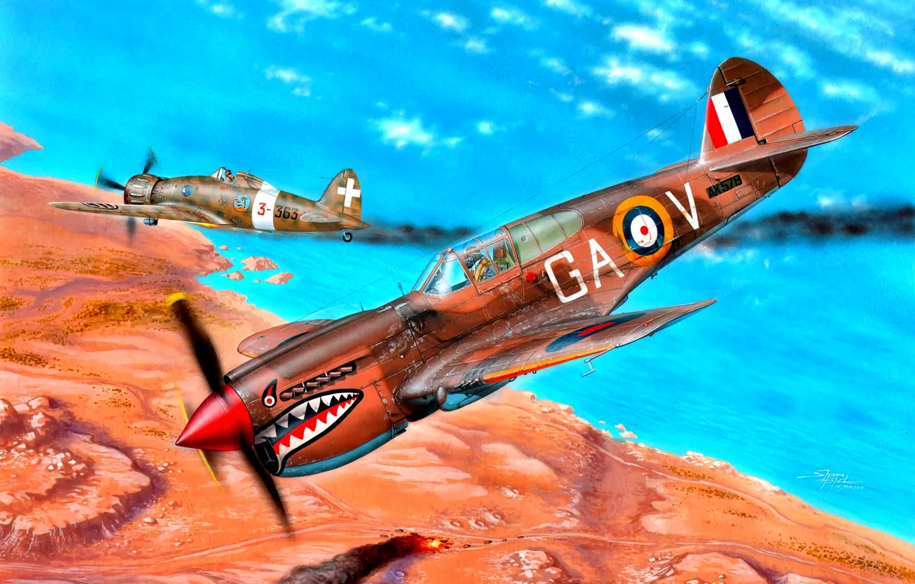 Photo wallpaper RAF, P-40, Saetta, North Africa, WWII, Regia Aeronautica, 112 Squadron, Macchi C. 200