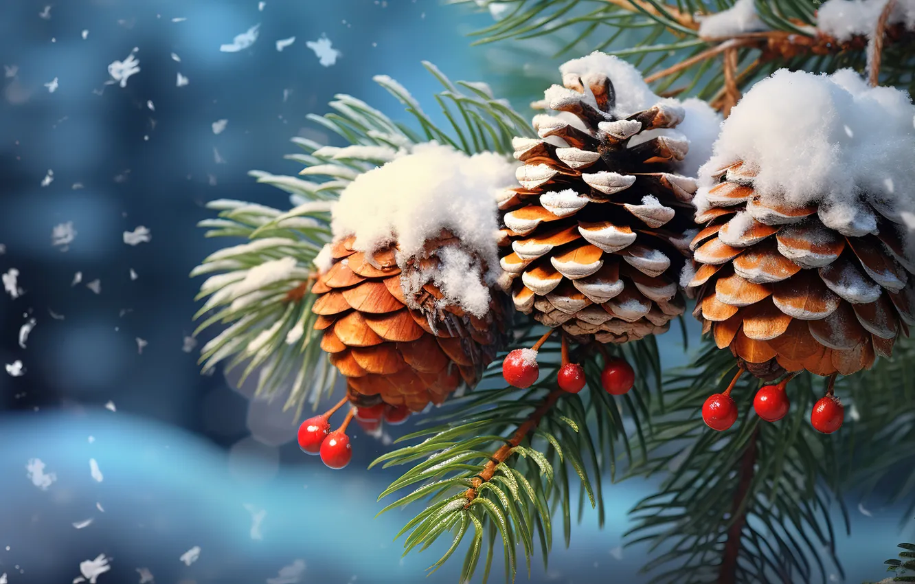 Photo wallpaper winter, snow, decoration, branches, tree, new year, Christmas, Christmas