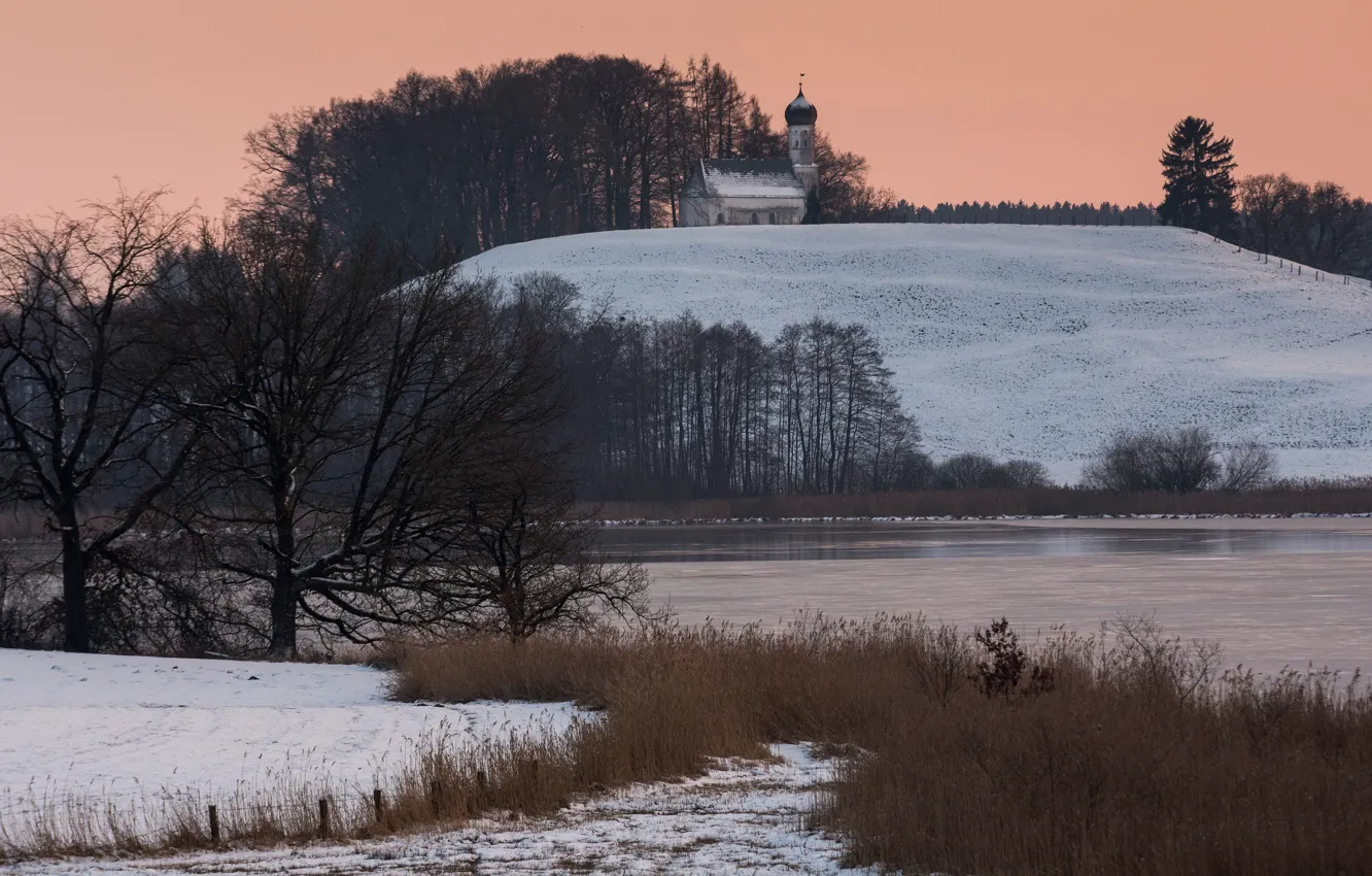 Photo wallpaper ice, winter, snow, trees, landscape, branches, river, hills