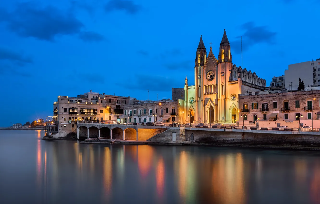 Photo wallpaper water, lights, reflection, building, Cathedral, Malta, Valletta