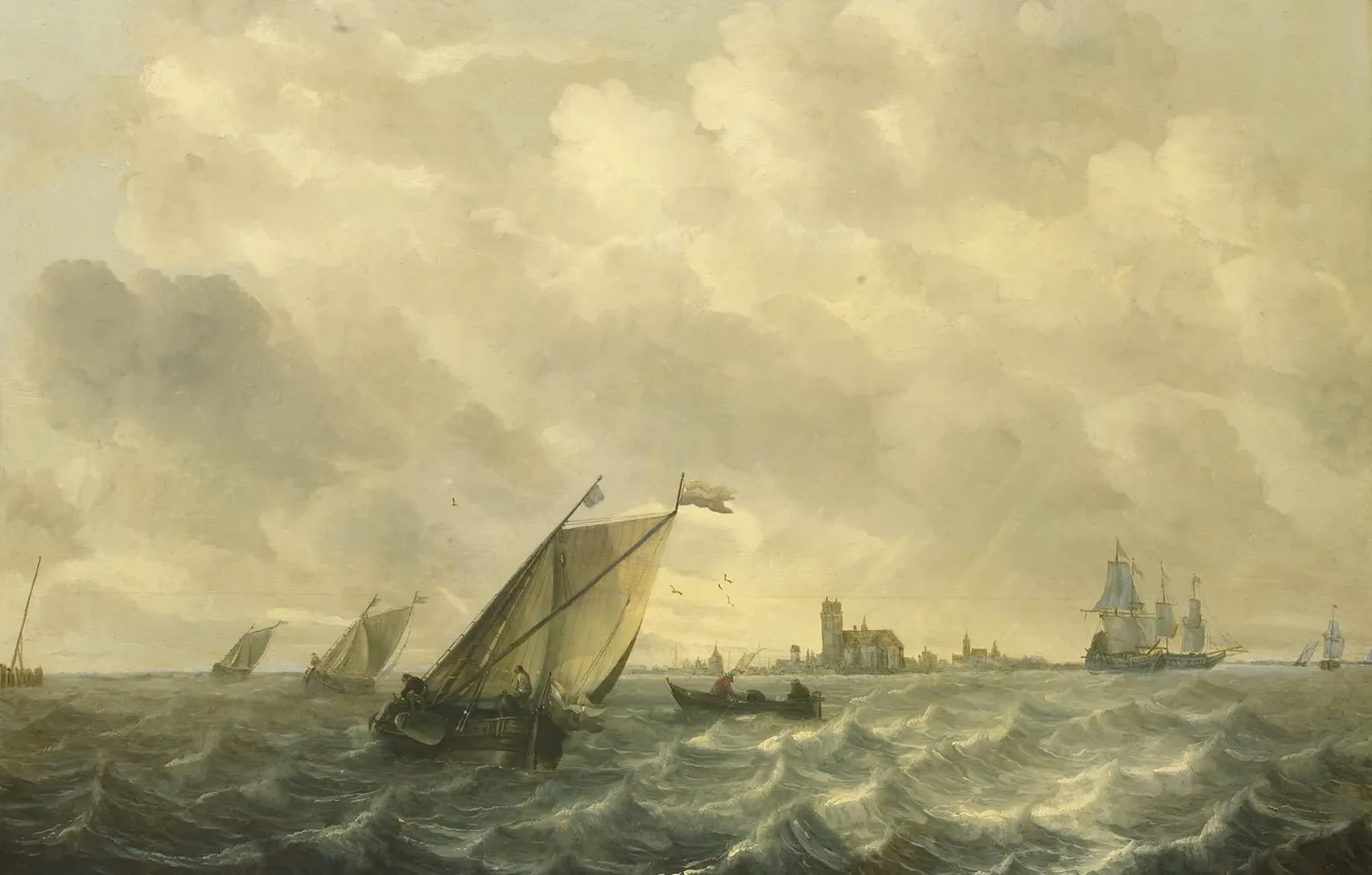 Photo wallpaper ship, oil, picture, sail, seascape, View Of The River, 1670, Abraham van Beyeren