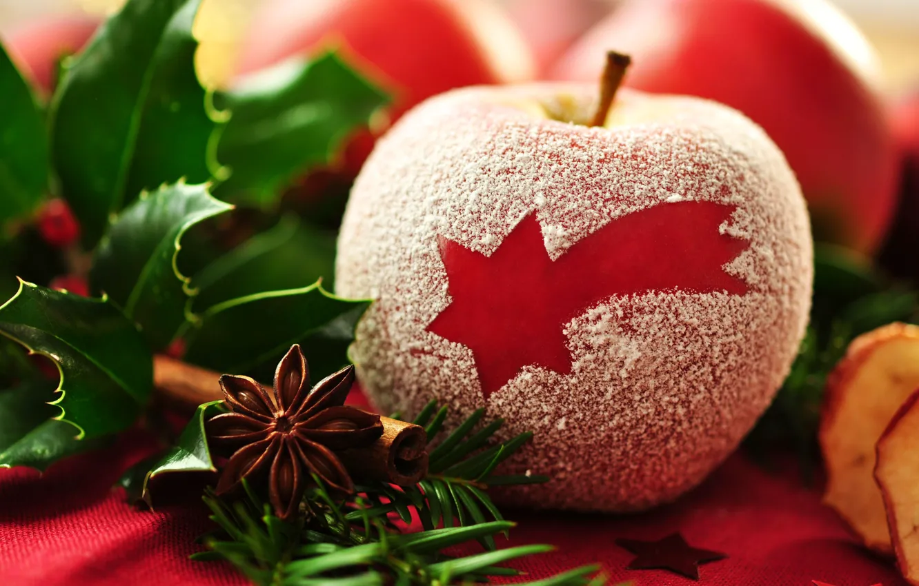 Photo wallpaper macro, red, Apple, star, Apple, dessert, dessert, powder