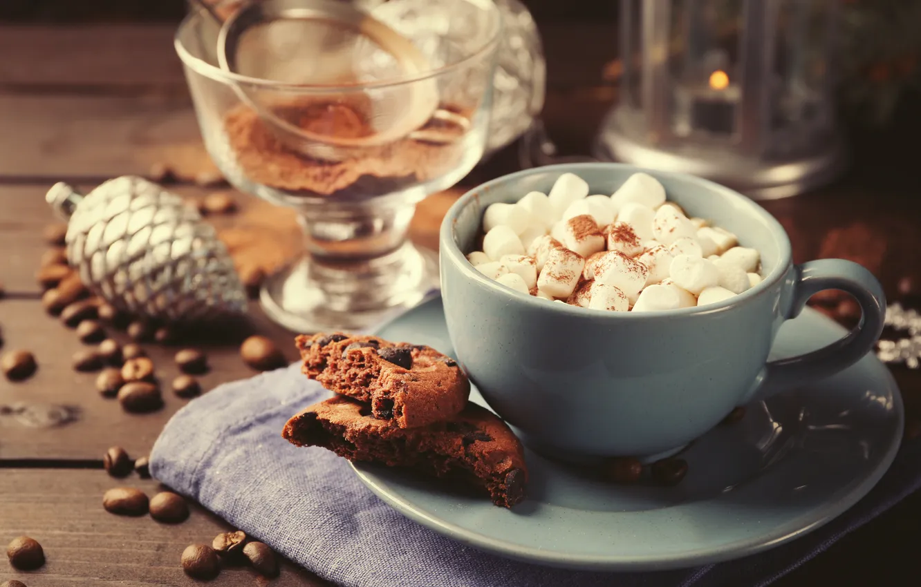 Photo wallpaper coffee, food, milk, cookies, lights, Cup, cup, cocoa