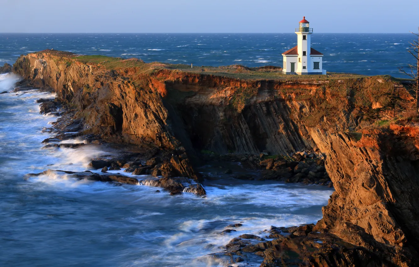 Photo wallpaper rocks, coast, lighthouse, The Pacific ocean, Cape Arago Lighthouse