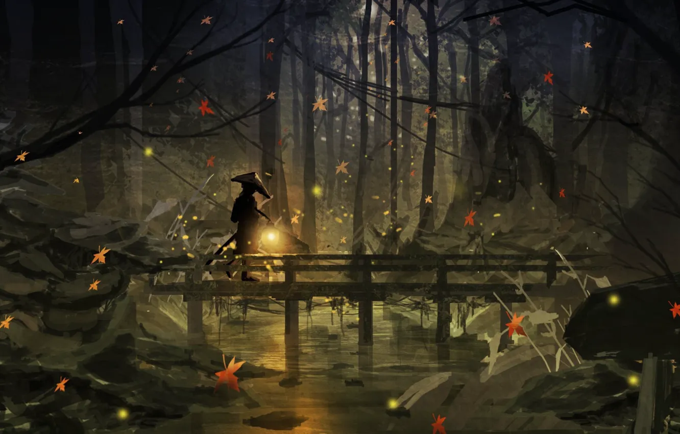 Photo wallpaper autumn, forest, night, fireflies, people, lights