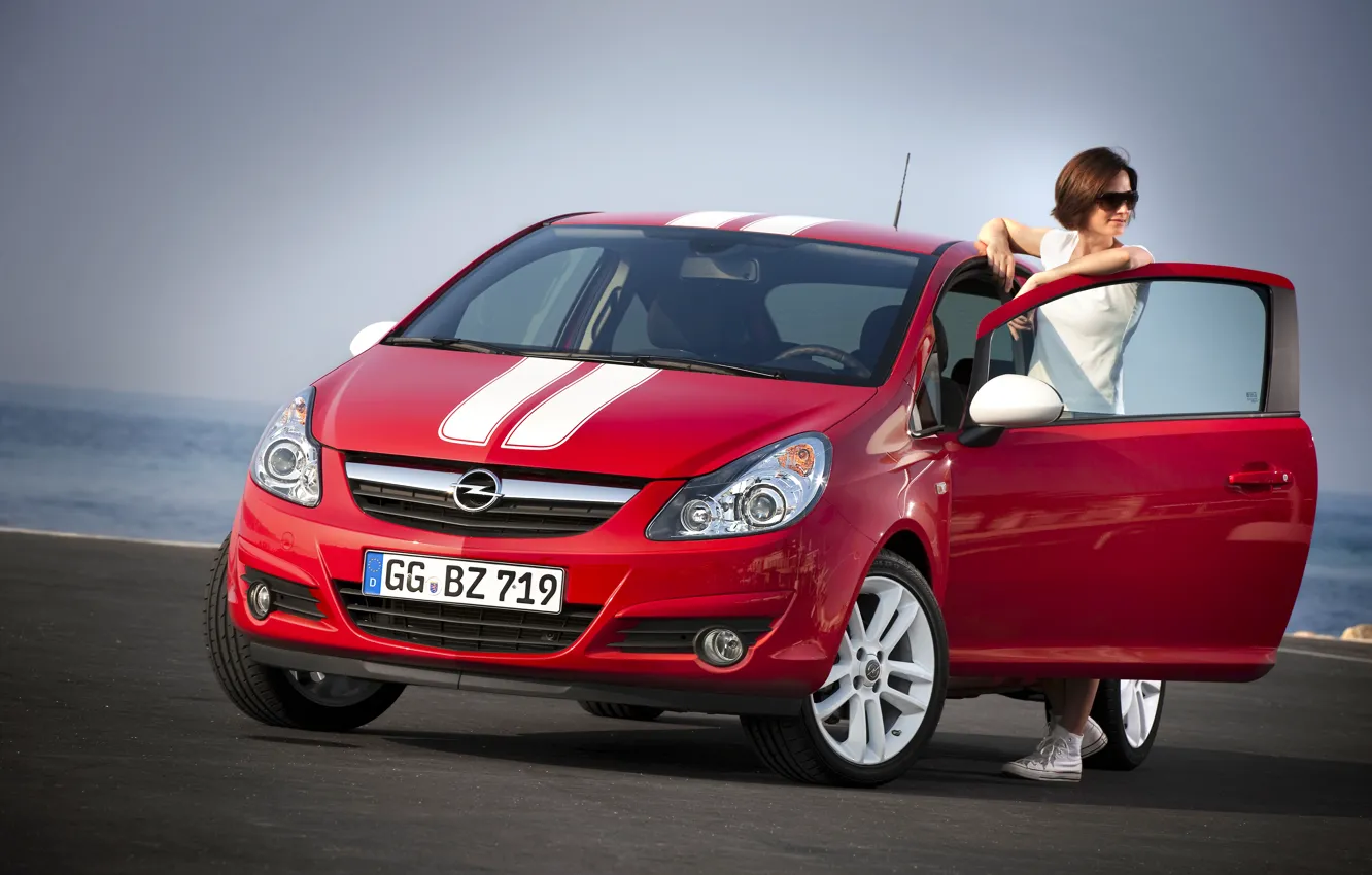 Photo wallpaper look, girl, glasses, red car, Opel Corsa