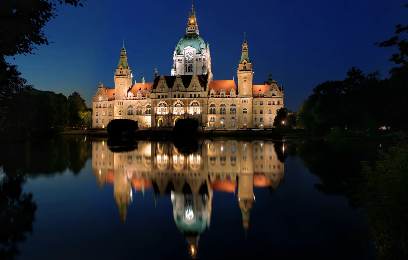 Photo wallpaper trees, night, lights, lake, reflection, Germany, Palace, Hannover