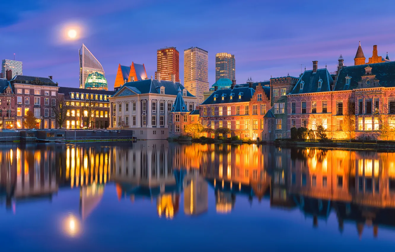 Photo wallpaper water, reflection, night, the city, home, the evening, backlight, Holland