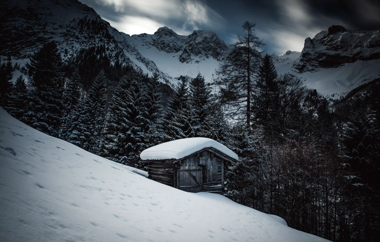 Photo wallpaper winter, mountains, house