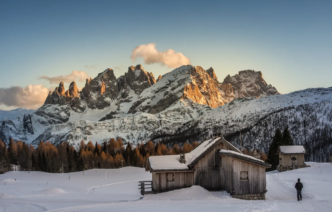 Photo wallpaper the sky, clouds, snow, mountains, nature, dawn, tops
