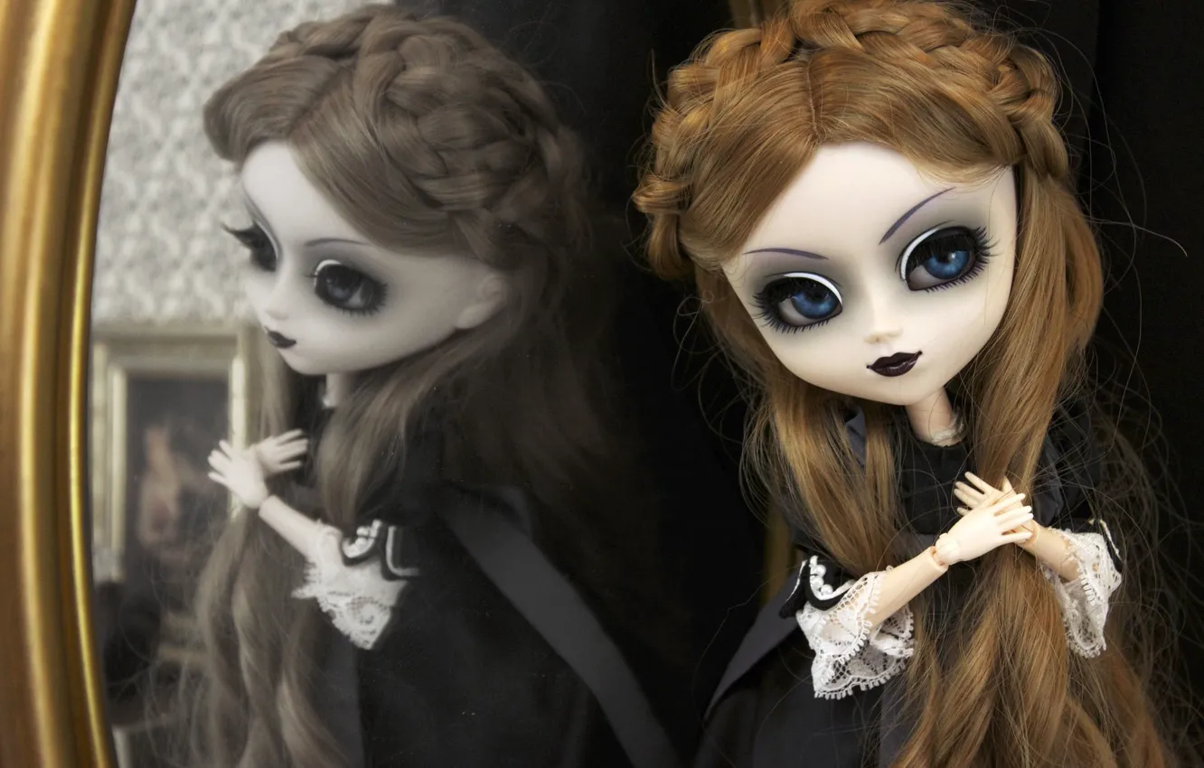 Photo wallpaper reflection, Gothic, toy, doll, mirror, long hair