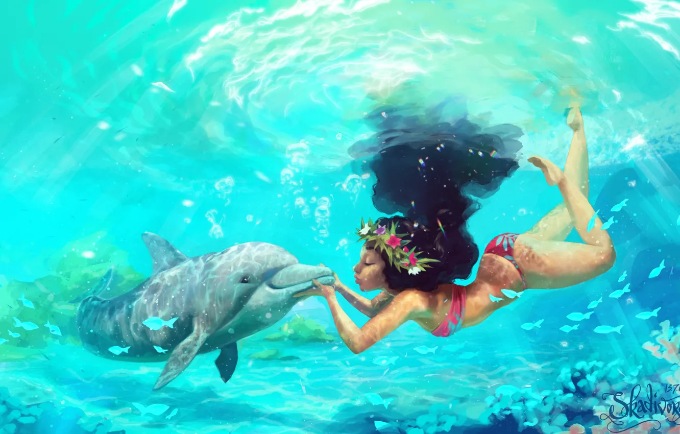 Photo wallpaper girl, dolphins, under water, Moana, Moana Waialiki, by Pauline Voß