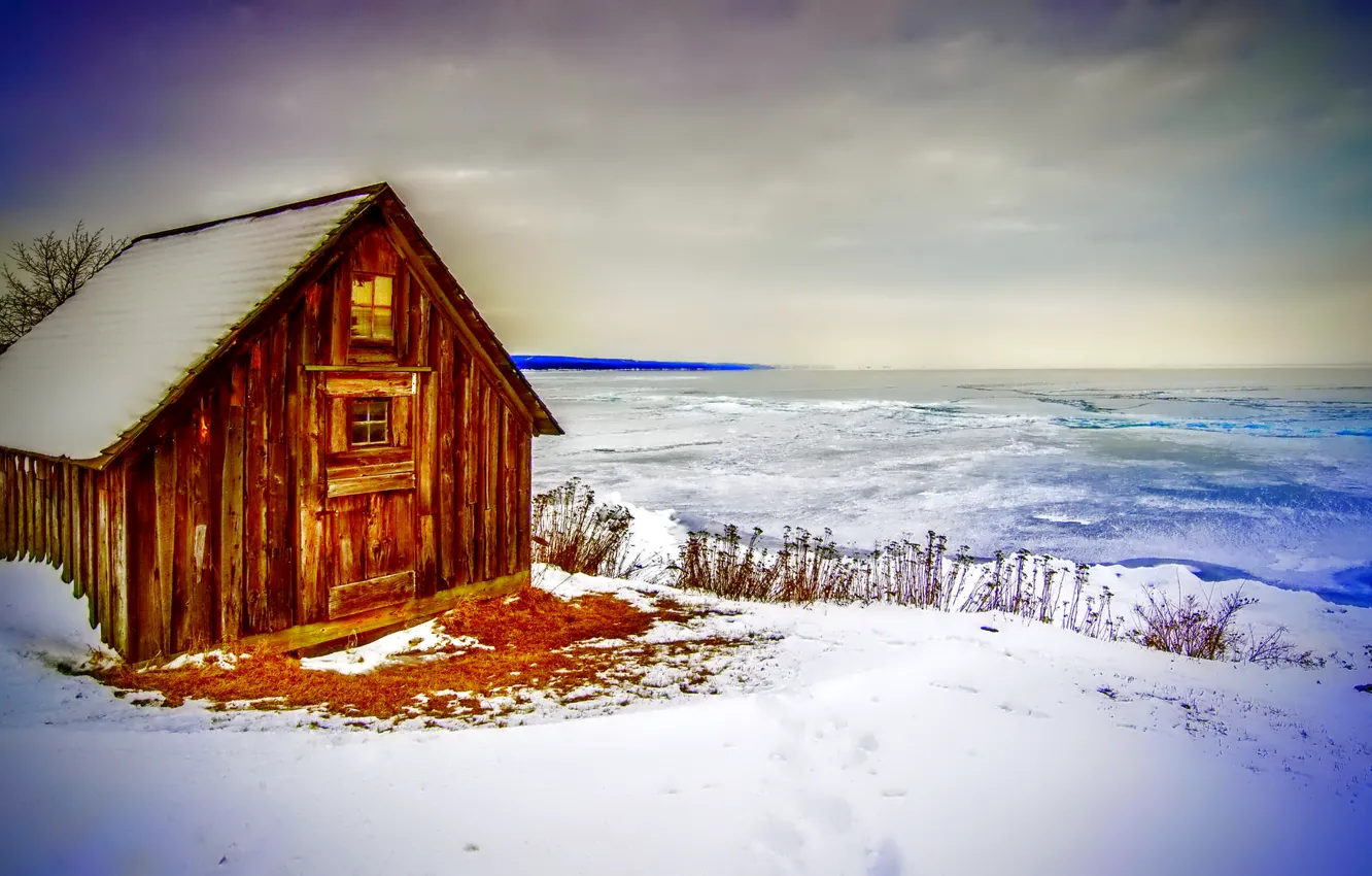Photo wallpaper ice, winter, the sky, clouds, snow, lake, house