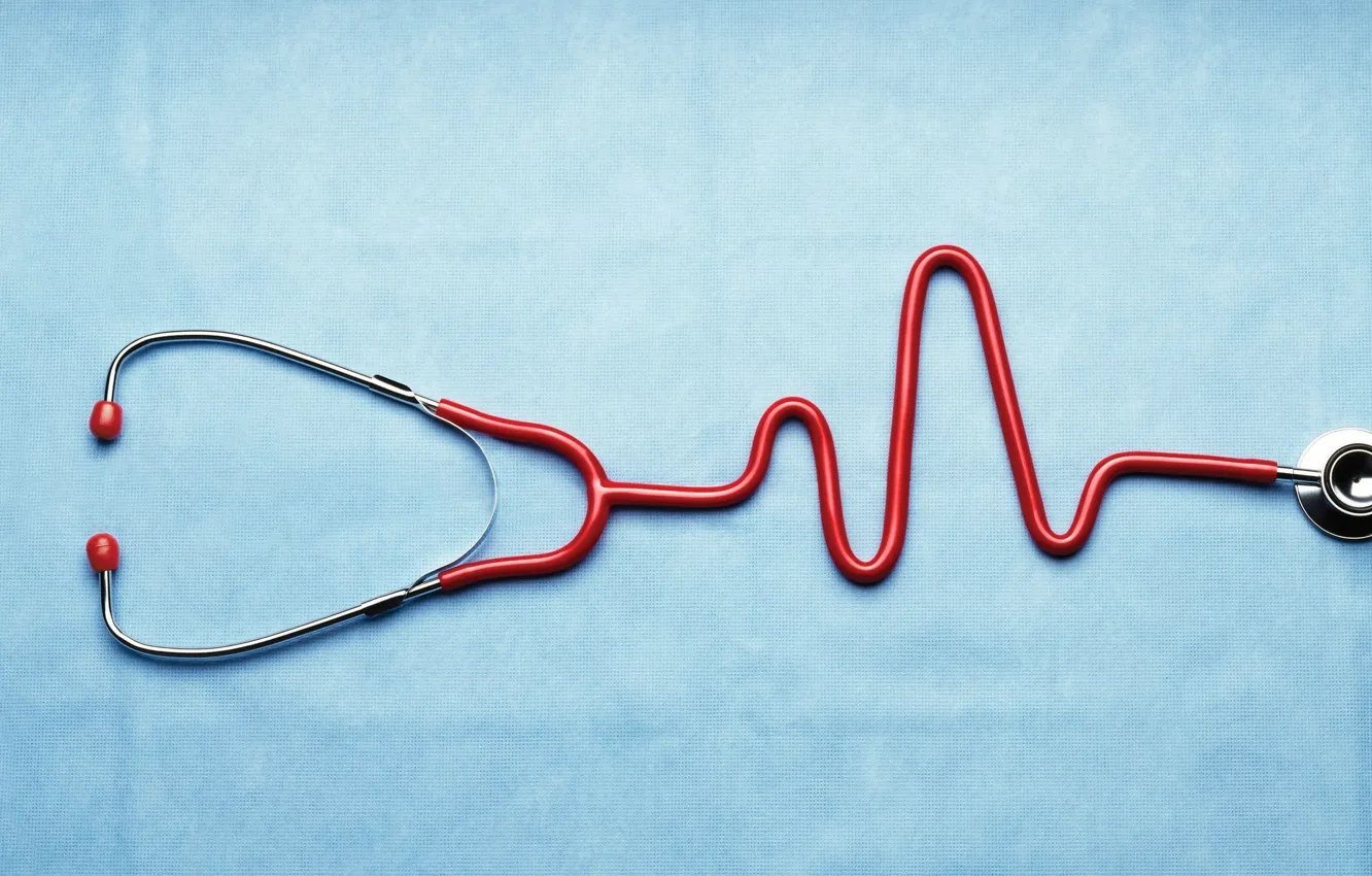 Photo wallpaper red, Heartbeat, blue background, Stethoscope