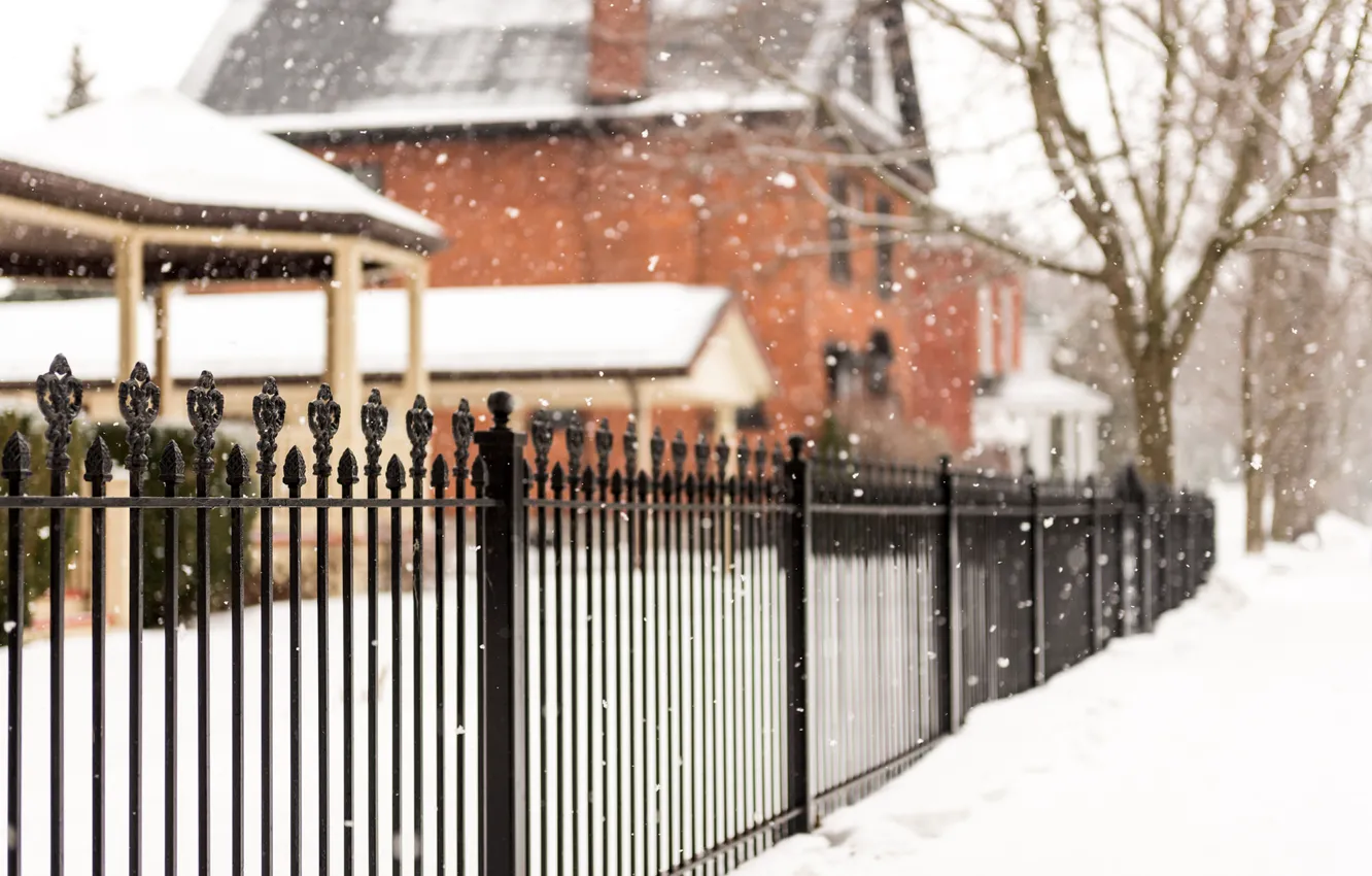 Photo wallpaper winter, snow, trees, snowflakes, nature, the fence, home, fence