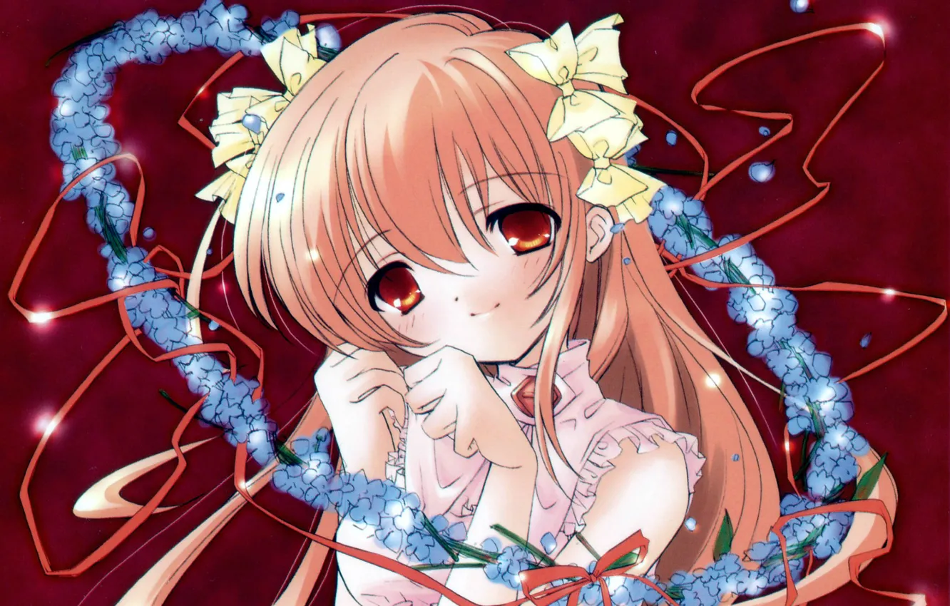 Photo wallpaper lights, girl, tape, wreath, art, forget-me-nots, big eyes, noizi ito