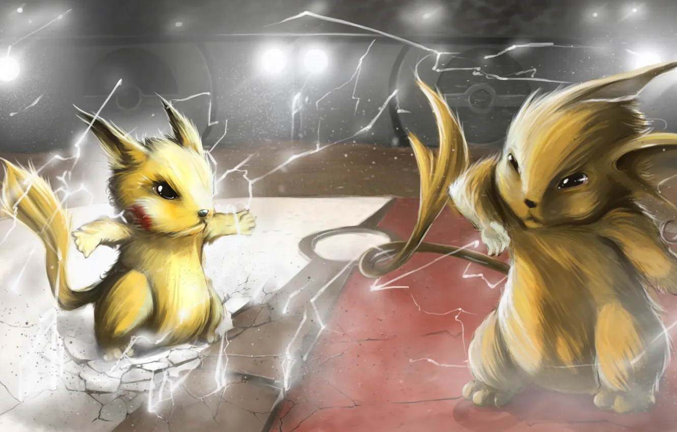 Photo wallpaper lightning, anime, battle, the ring, Pikachu, fight, anime, pokemon