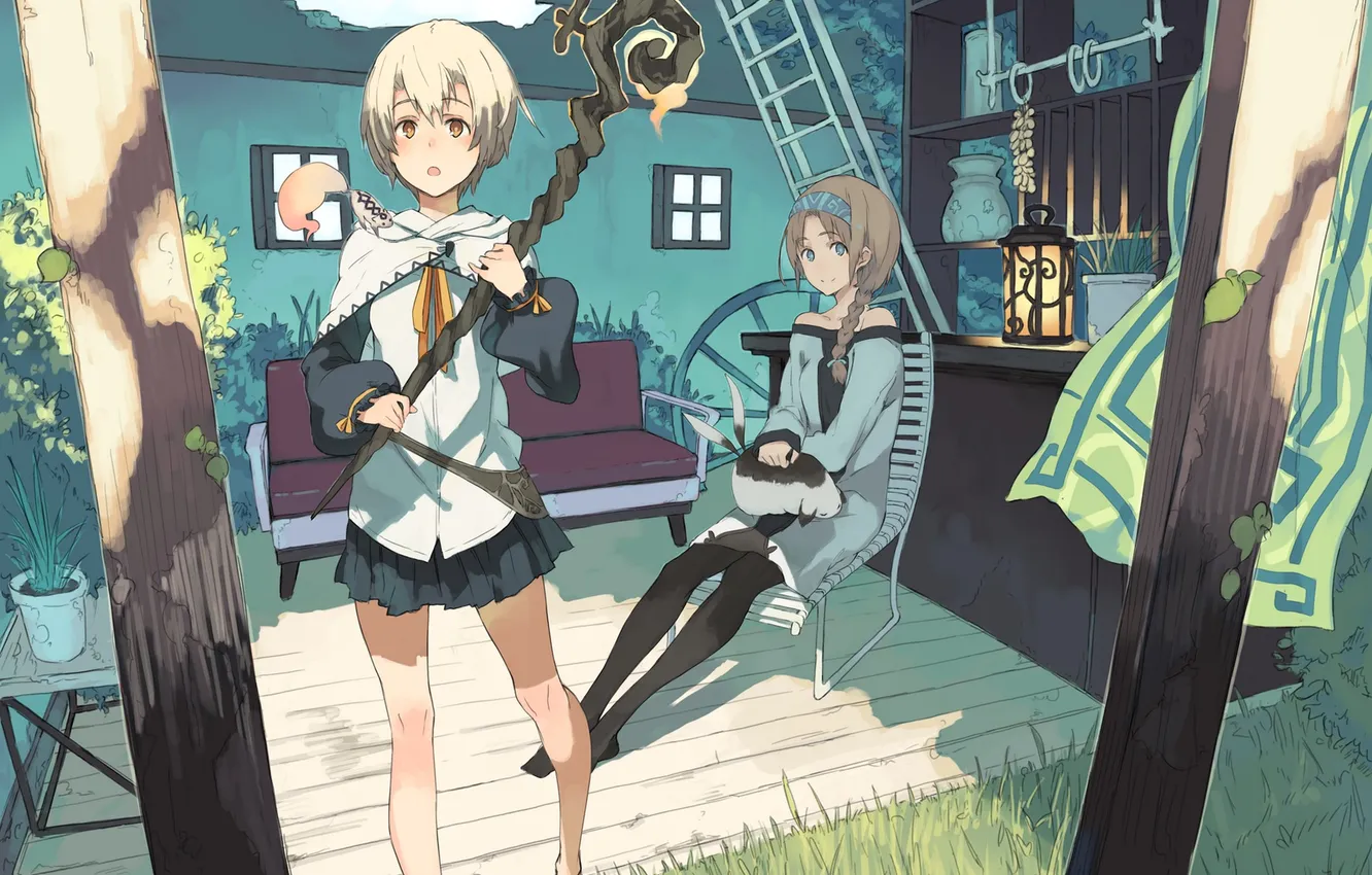 Photo wallpaper girl, sofa, animal, plant, lamp, home, anime, art