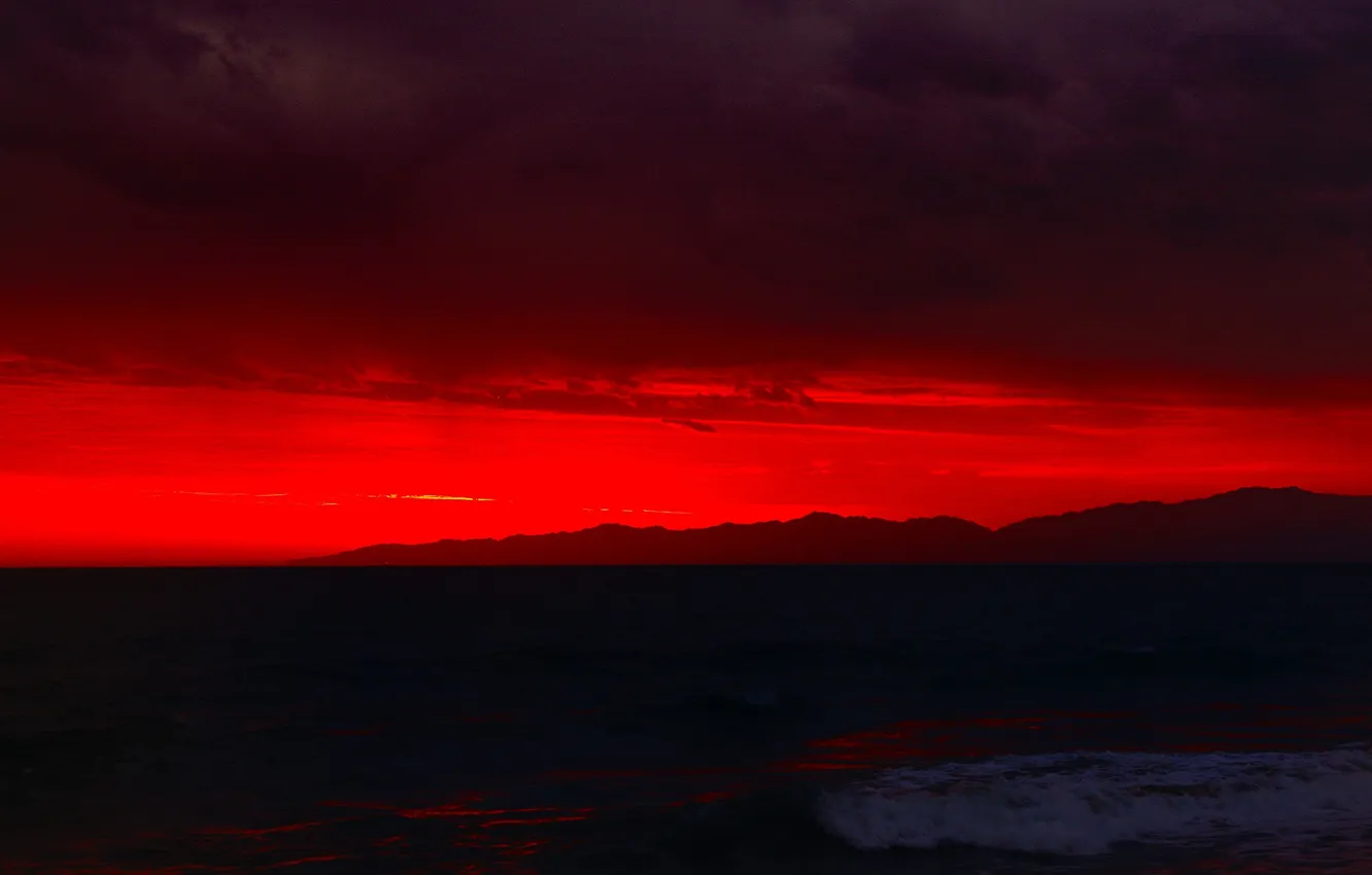 Photo wallpaper sea, the sky, clouds, mountains, glow