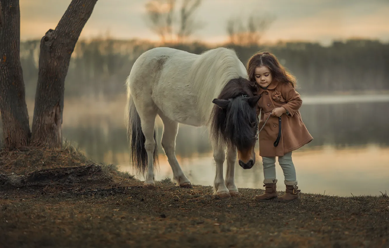 Photo wallpaper river, spring, the evening, girl, pony