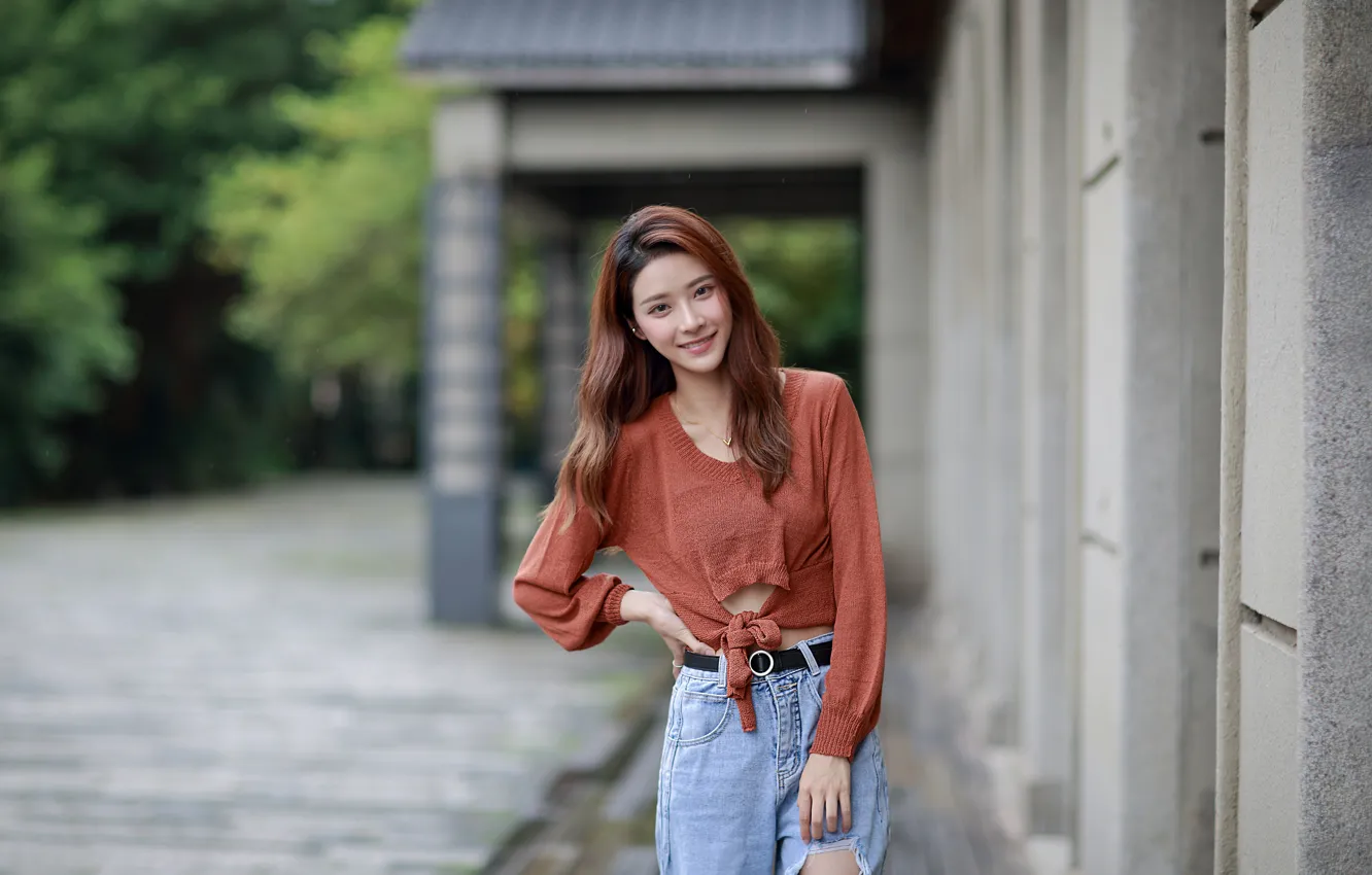 Photo wallpaper look, girl, smile, jeans, blouse, Asian, bokeh