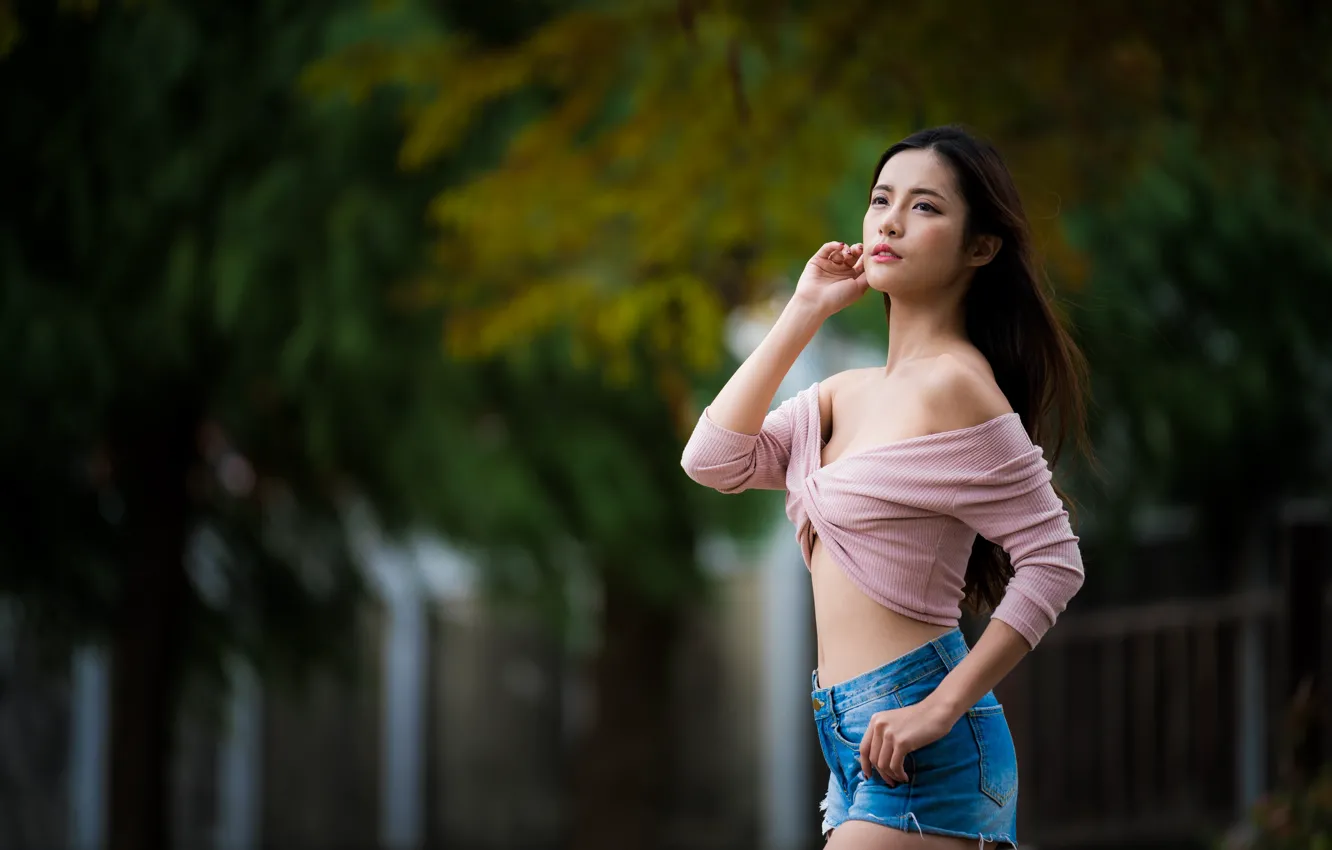 Photo wallpaper girl, pose, shorts, Asian, bokeh