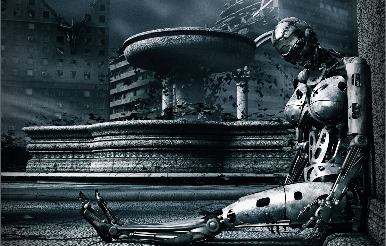 Photo wallpaper the city, destruction, fountain, Android, Discontinued