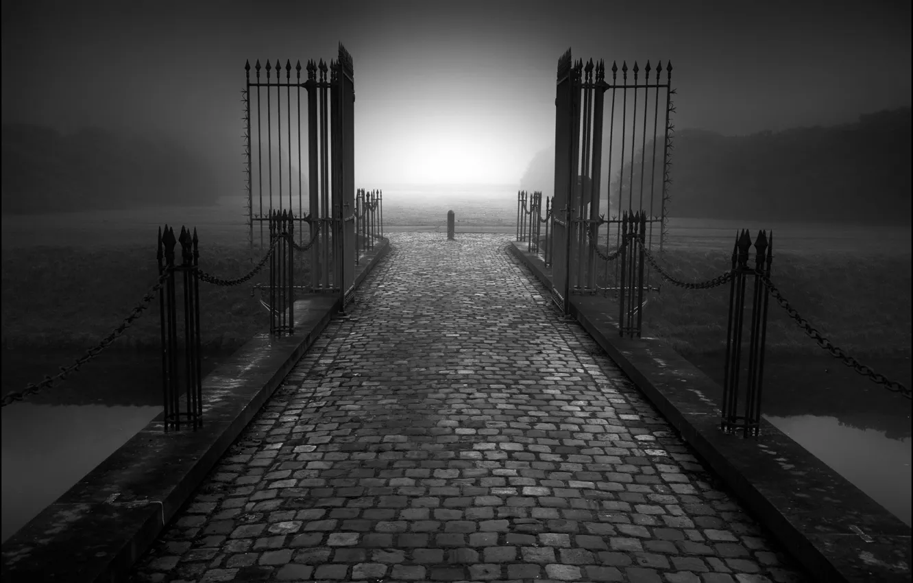 Photo wallpaper road, fog, fence, gate, twilight, Melancholy