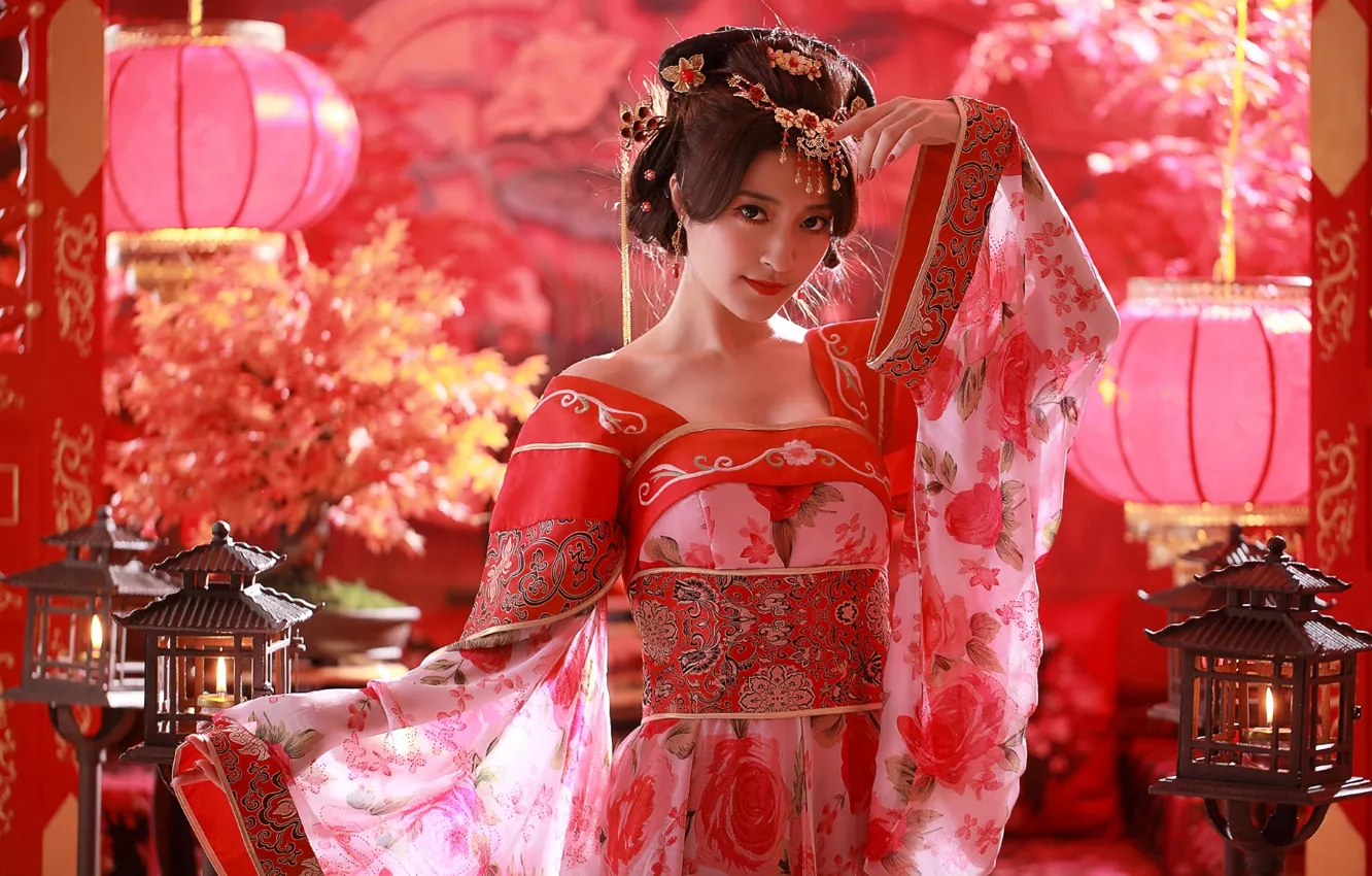 Photo wallpaper girl, decoration, hairstyle, costume, Asian, lanterns, Chinese, ethno