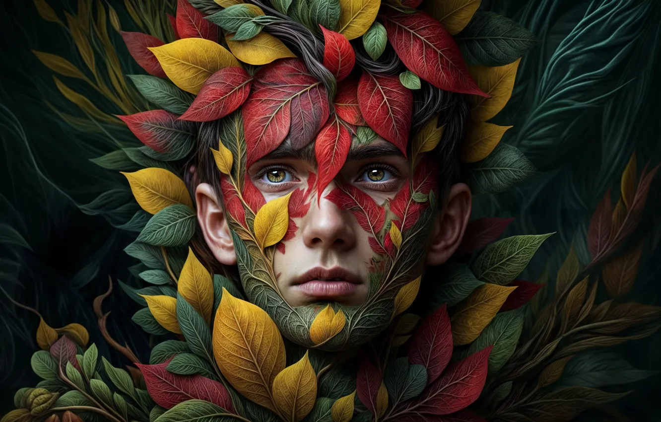 Photo wallpaper autumn, look, leaves, face, style, the dark background, fiction, foliage