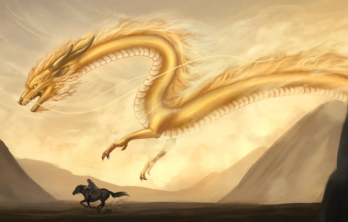 Photo wallpaper sand, mountains, yellow, animal, dragon, horse, fantasy, art
