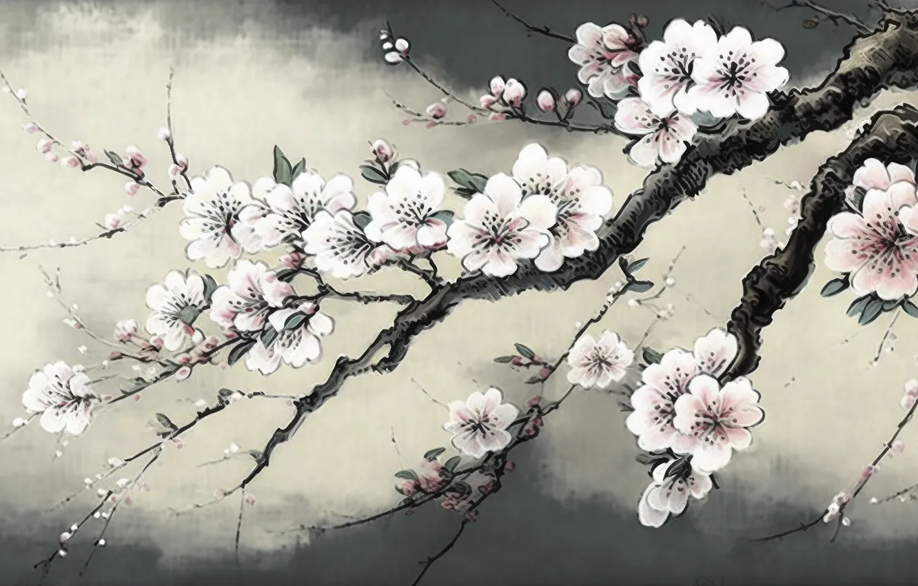 Photo wallpaper flowers, branches, nature, spring, Sakura, white, grey background, painting