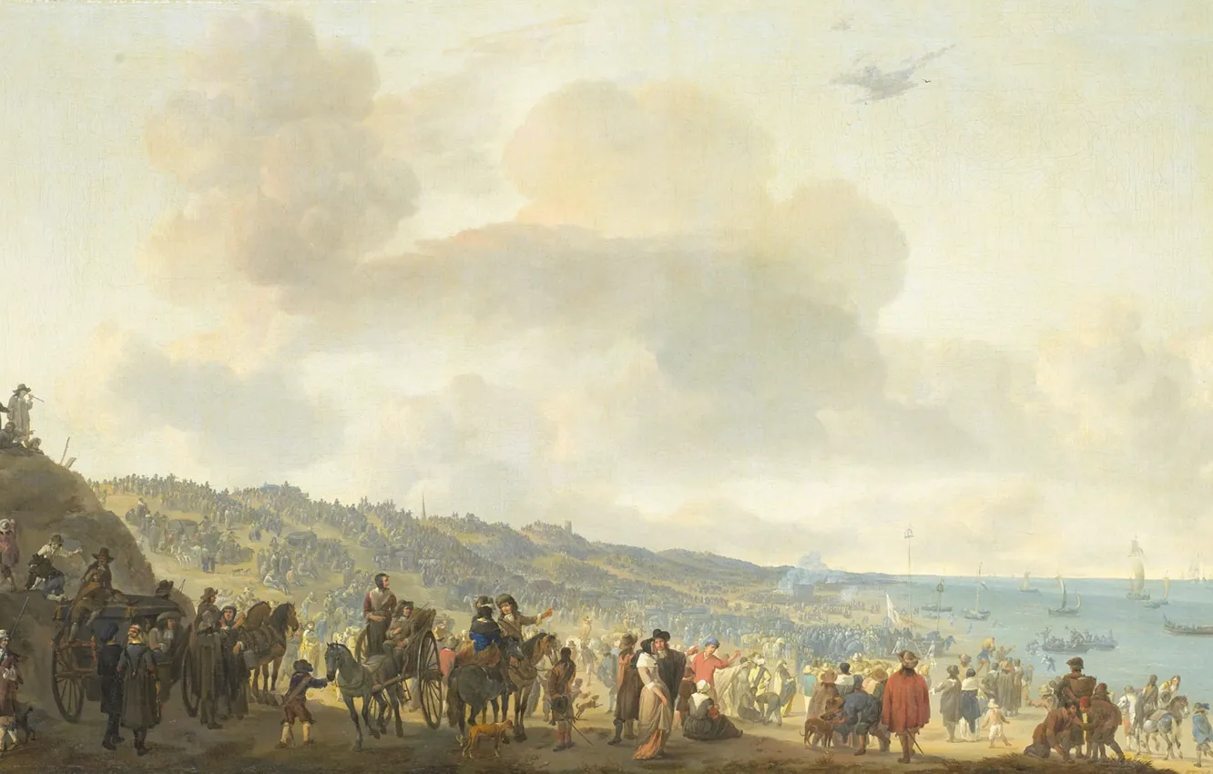 Photo wallpaper oil, picture, canvas, Departure of Charles II of England from Scheveningen, Johannes Lingelbach