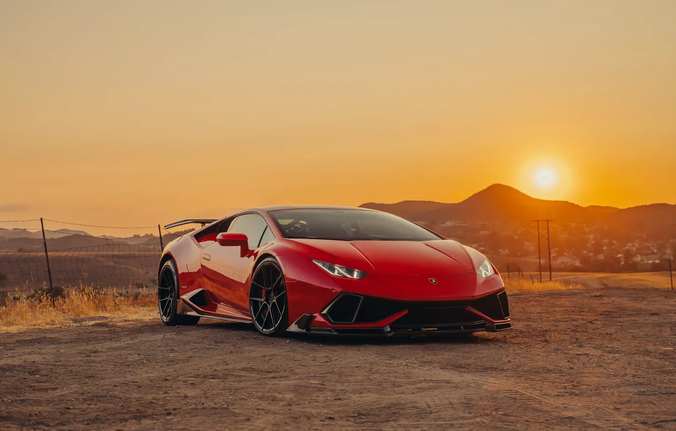 Photo wallpaper Lamborghini, Sun, Sunset, RED, VAG, Huracan