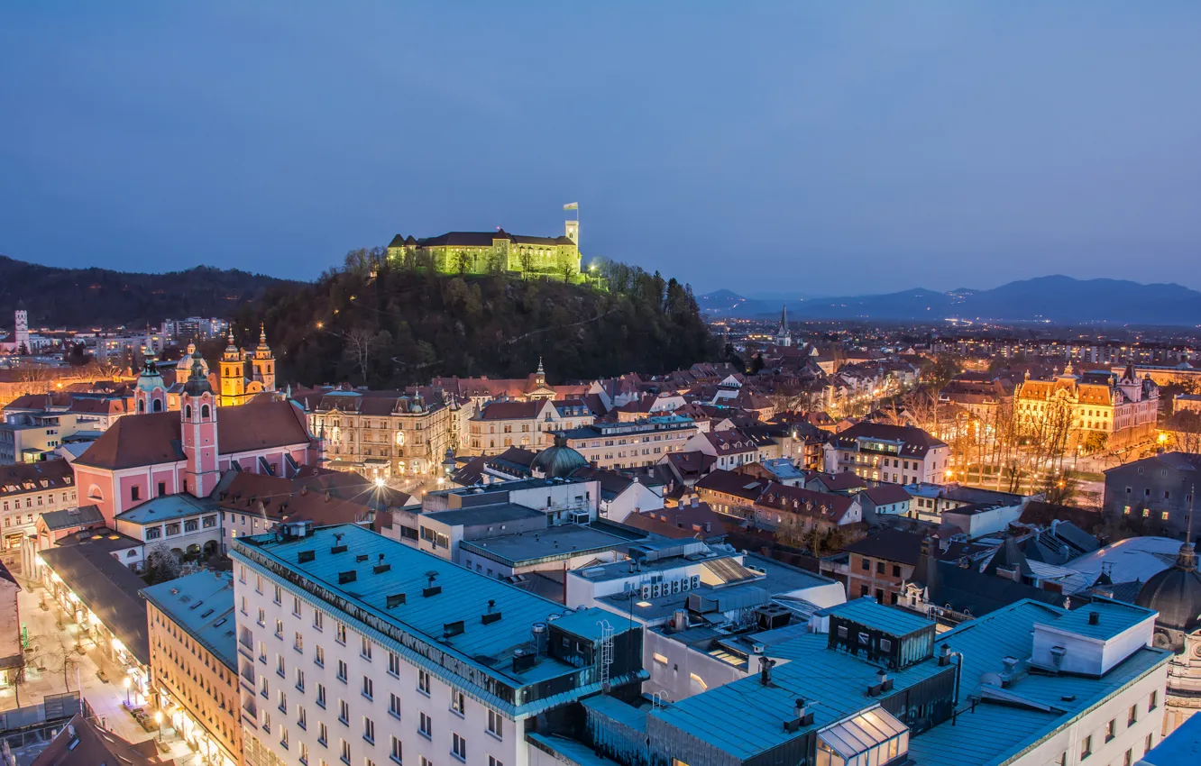Photo wallpaper night, lights, castle, mountain, home, Slovenia, Ljubljana