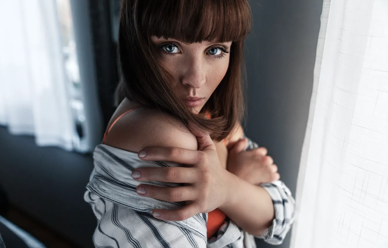 Photo wallpaper look, pose, model, portrait, makeup, window, hairstyle, curtains