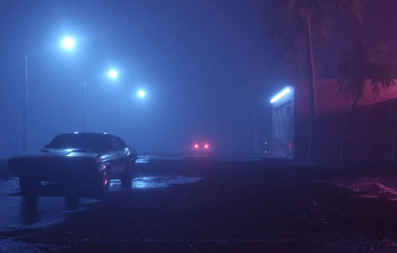 Photo wallpaper fog, night wallpaper, neon, street, machine, lights
