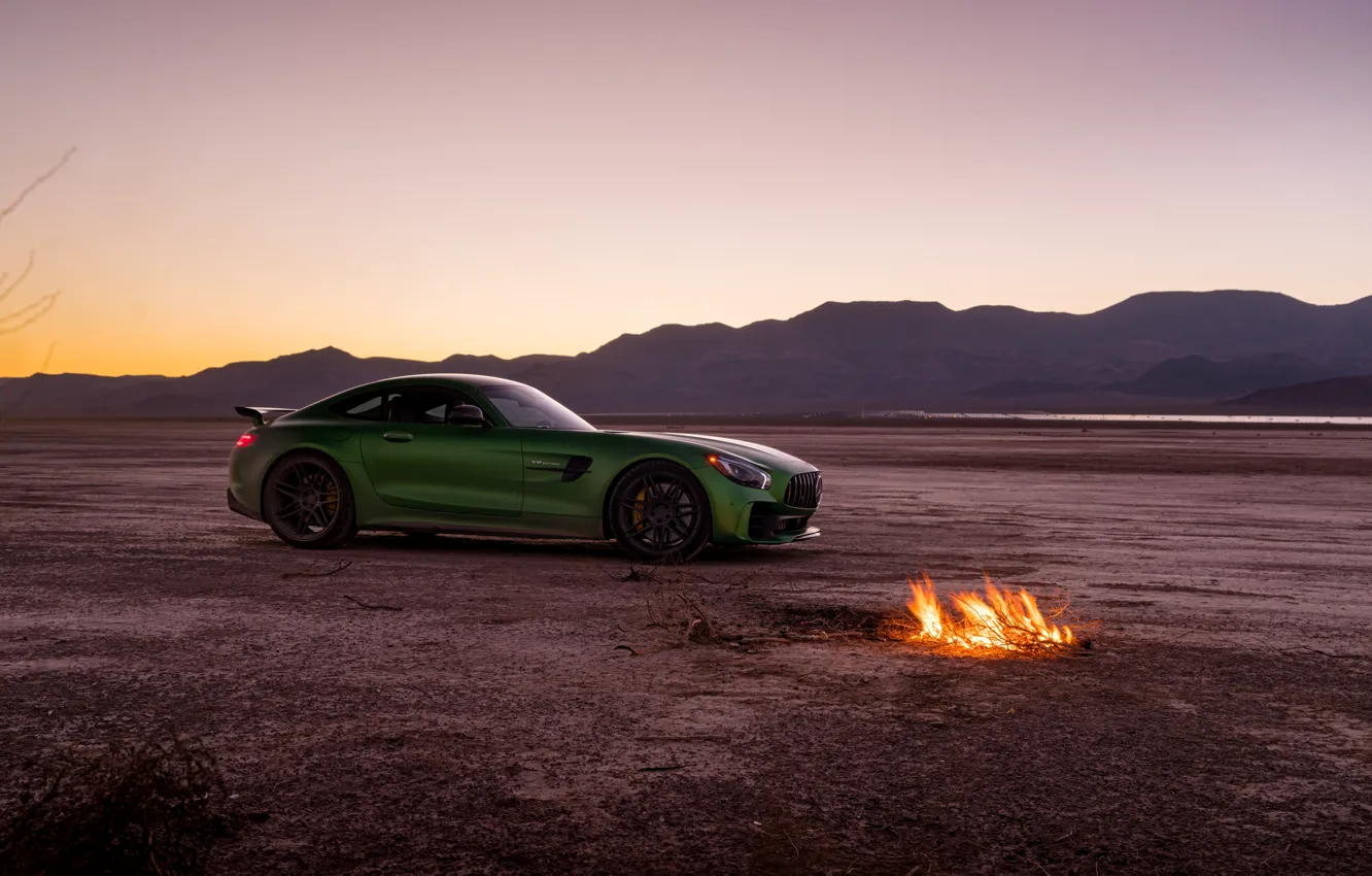 Photo wallpaper green, style, desert, the fire, Mercedes GTR