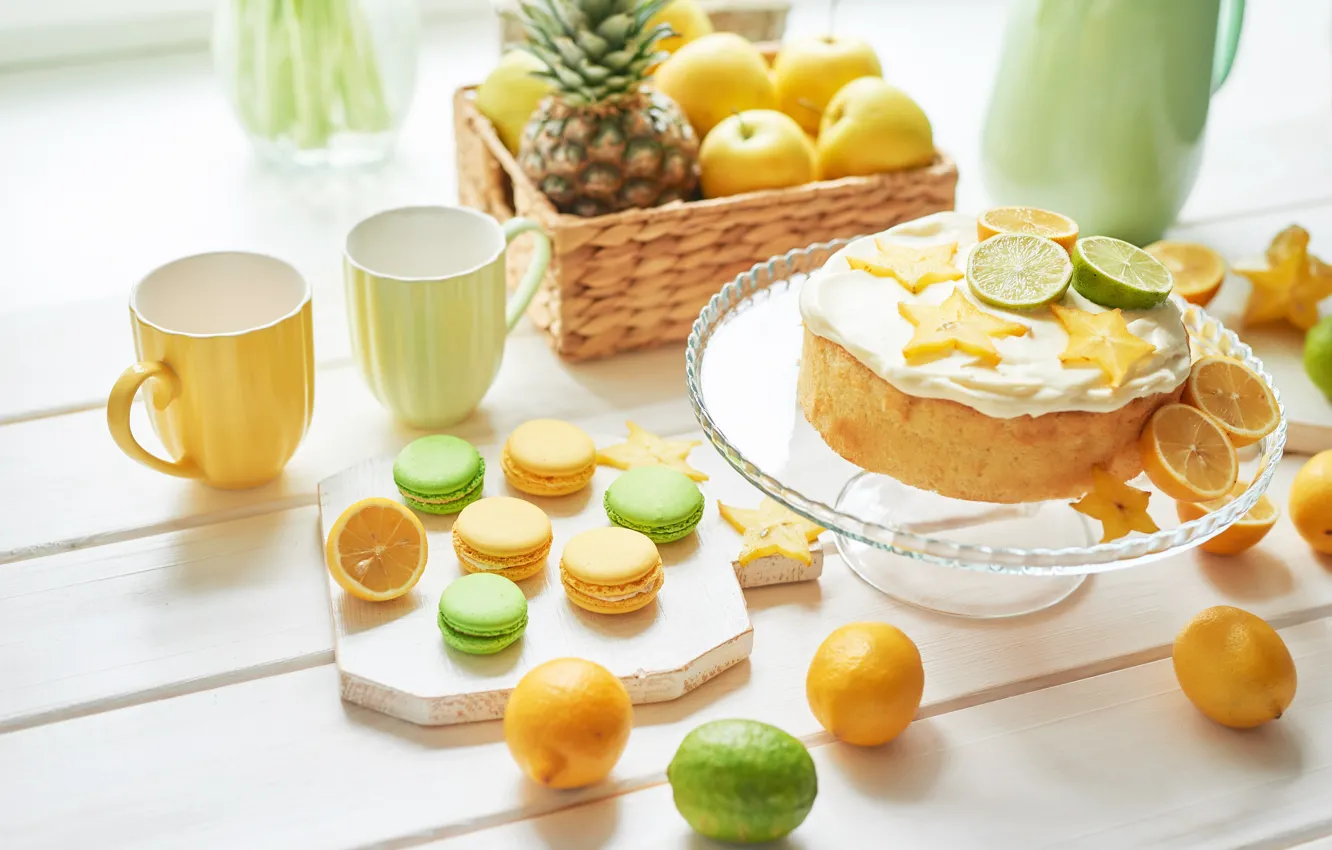 Photo wallpaper table, cookies, lime, citrus, fruit, cream, dessert, cupcakes