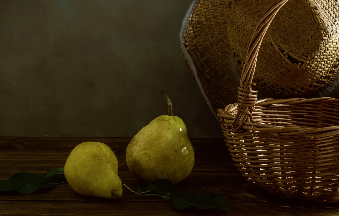 Photo wallpaper leaves, green, the dark background, table, Board, hat, still life, basket