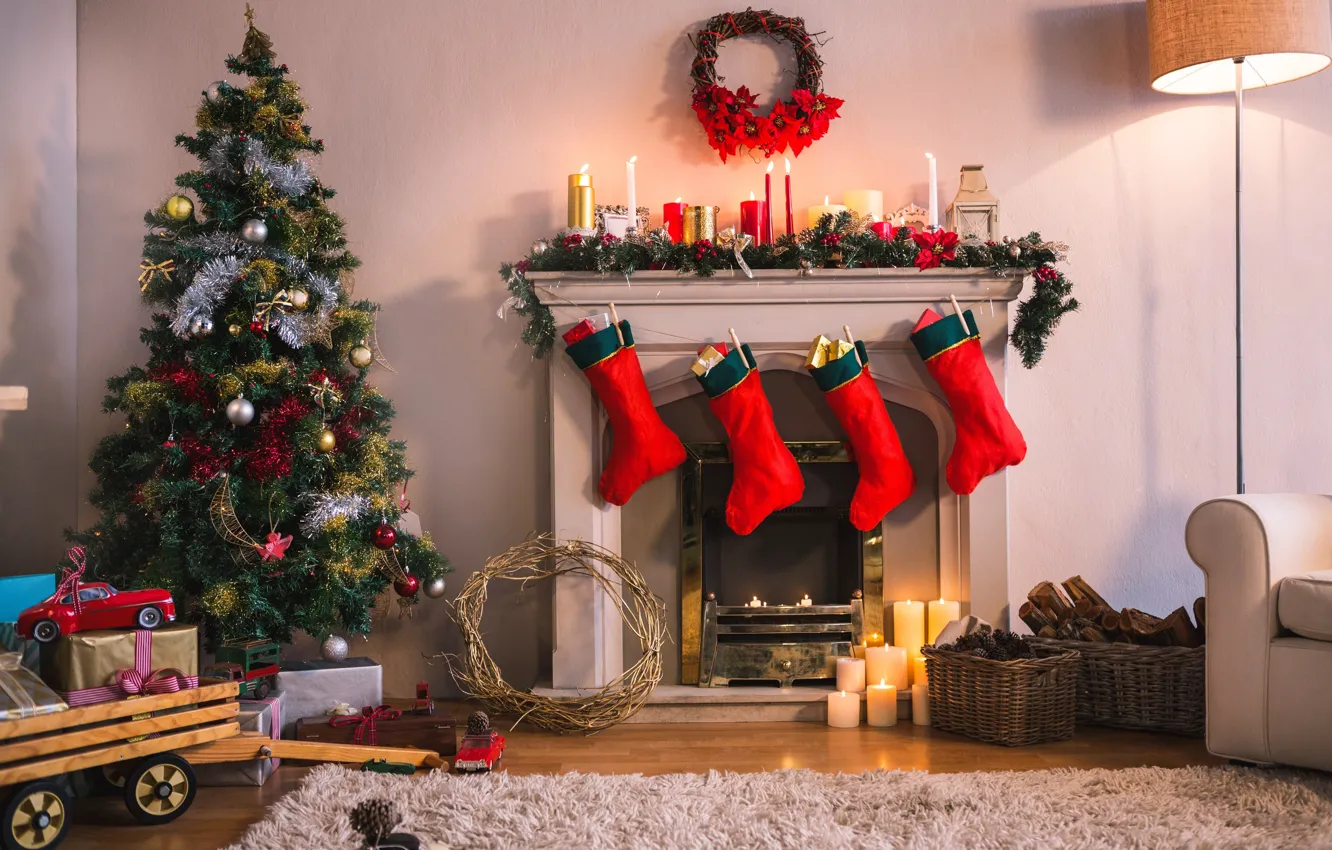 Photo wallpaper decoration, holiday, tree, new year, socks, fireplace, decor