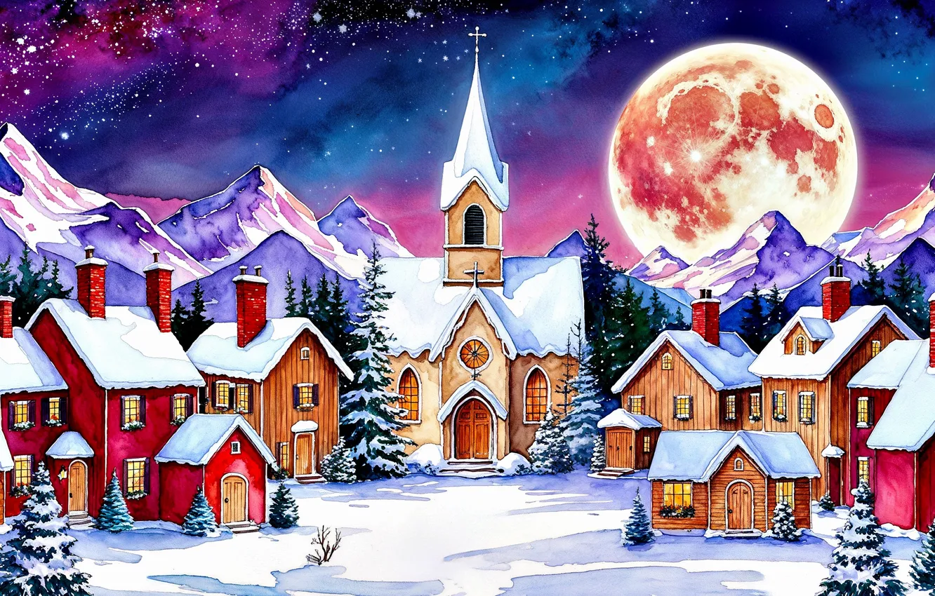 Photo wallpaper mountains, the moon, new year, Christmas, Church, house