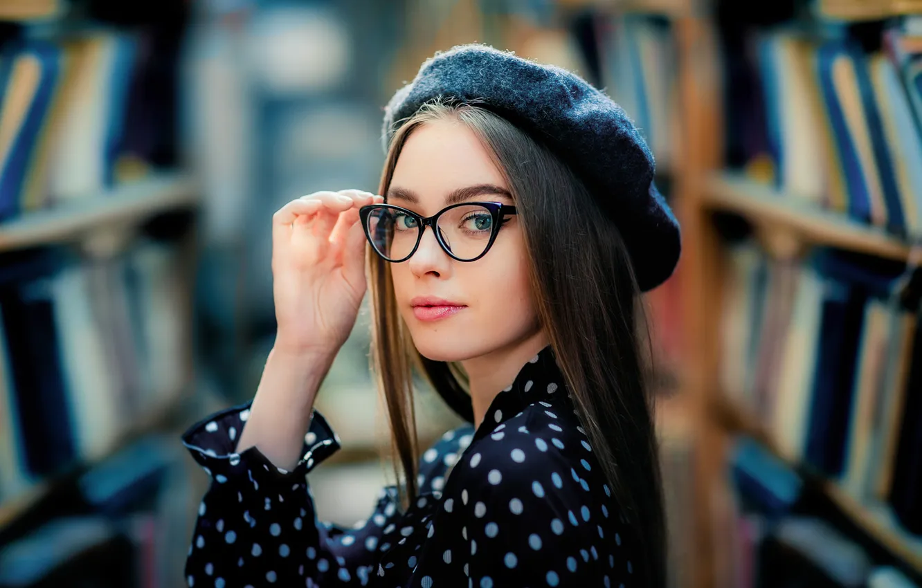 Photo wallpaper look, model, portrait, hands, makeup, dress, glasses, hairstyle