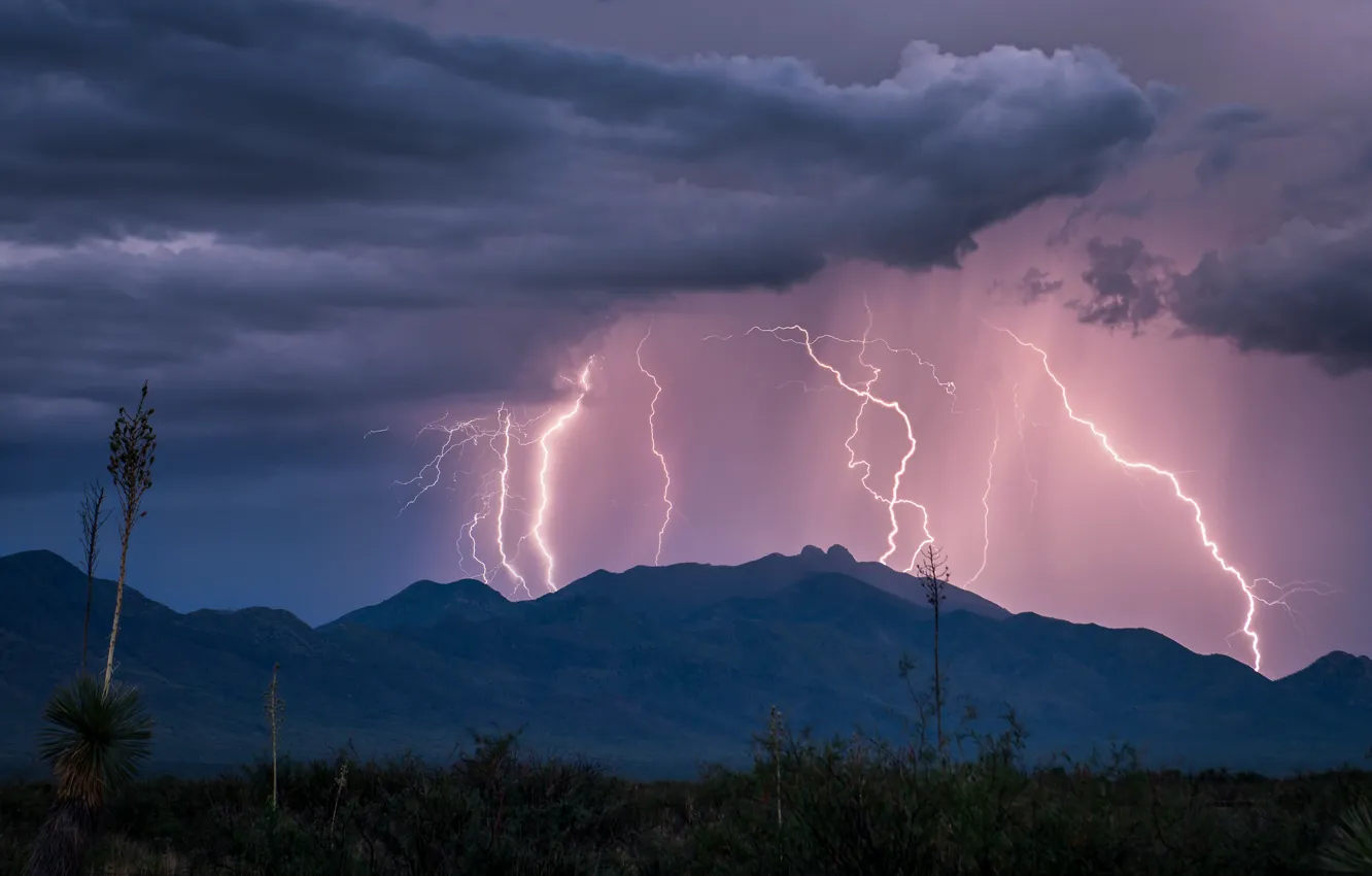 Photo wallpaper the storm, summer, the sky, clouds, mountains, clouds, nature, lightning