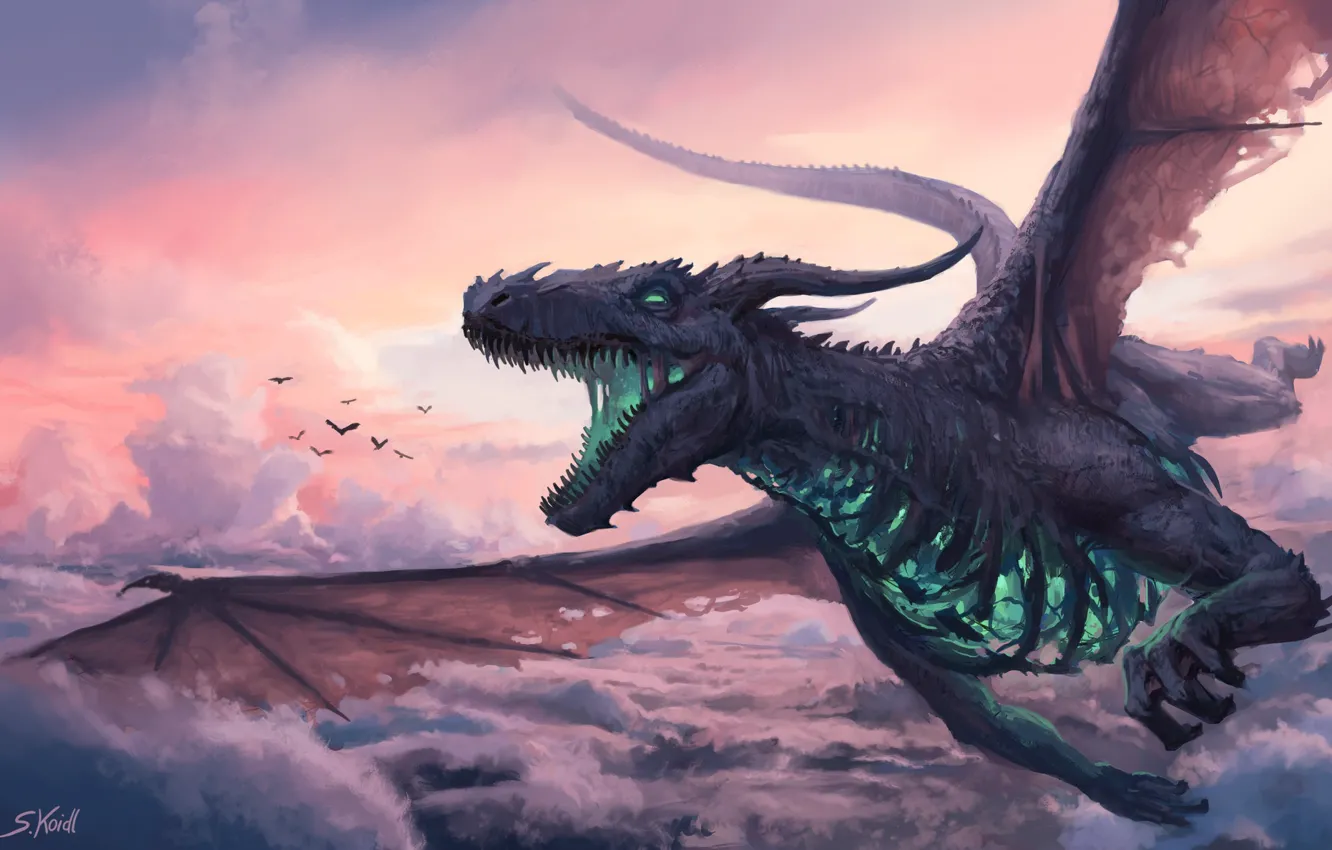 Photo wallpaper the sky, clouds, fiction, dragon, figure, monster, art, fantasy