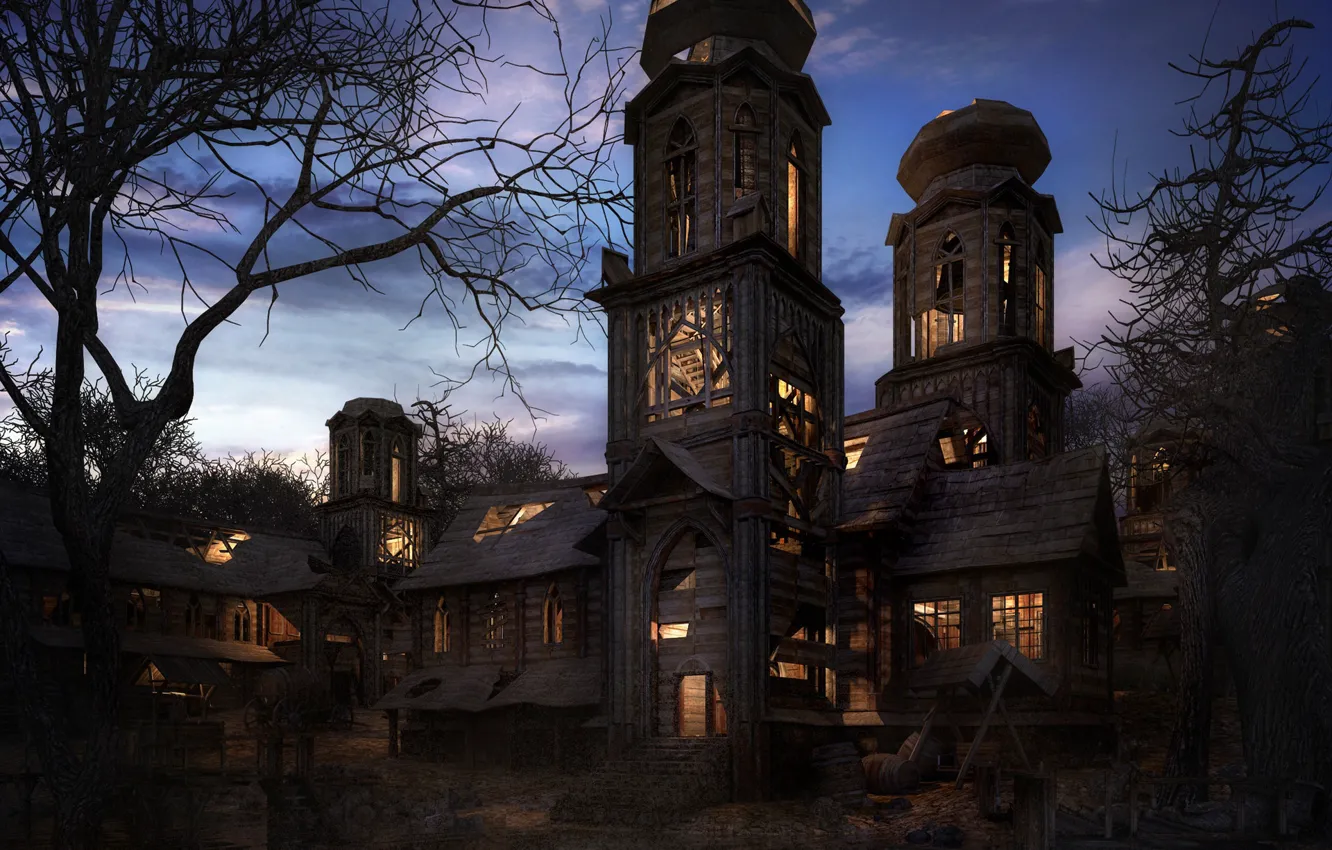 Photo wallpaper trees, night, structure, THE HAUNTED, one spooky night