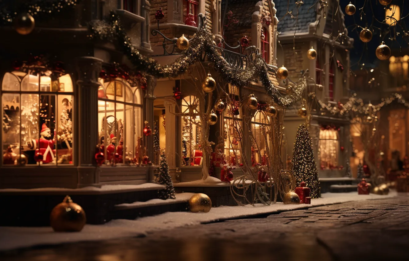 Photo wallpaper winter, snow, decoration, night, the city, lights, street, tree